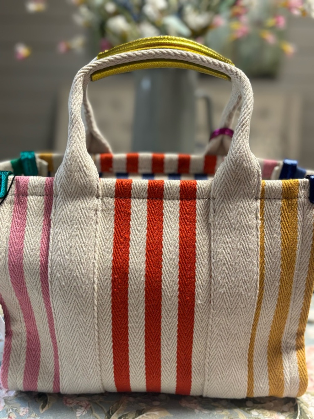 Kurt Geiger Striped Canvas Tote in Pink, Orange, Yellow & Green - Picture 5 of 16